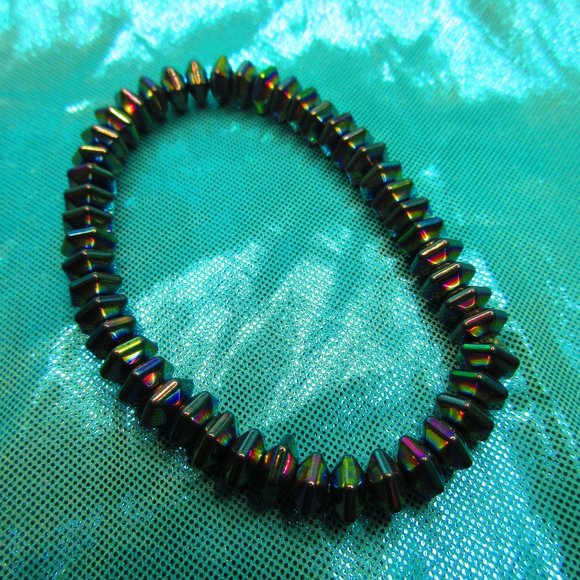 Rainbow Titanium Hematite 8mm Spiky Rondelle 7" Stretchy Gemstone Bracelet - Picture 1 of 2